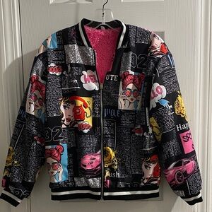Graphic Print Bomber Jacket with Pink Lining